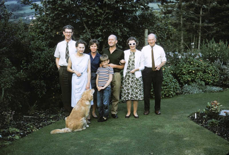 John, Jean, Betty, Peter, Mike, Joan, Charles Blasdale at Linnington Cottage, Wambrook, Chard 1963