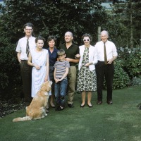 John, Jean, Betty, Peter, Mike, Joan, Charles Blasdale at Linnington Cottage, Wambrook, Chard 1963