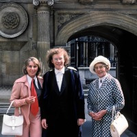 Betty Blasdale, Stephen Blasdale and May Read in front of the gate of Honour, Caius, Cambridge