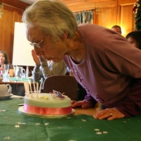 The cake was pale blue (for the sky) with butterflies and 9 candles - Doug suggested one for each decade