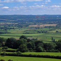 Glastonbury Tor, view of the Glastonbury festival site and Worthy Farm
