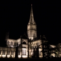 Salisbury Cathedral at night.